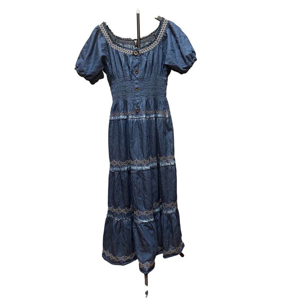Indigo & Lace Denim Maxi Dress Boho Tiered Button Front Size Large